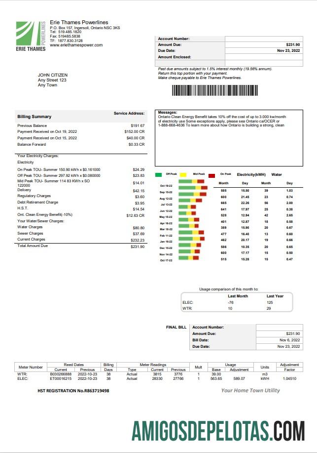 Em branco modelo de conta de serviços públicos dos EUA Ontário Erie Thames em formato Word e PDF